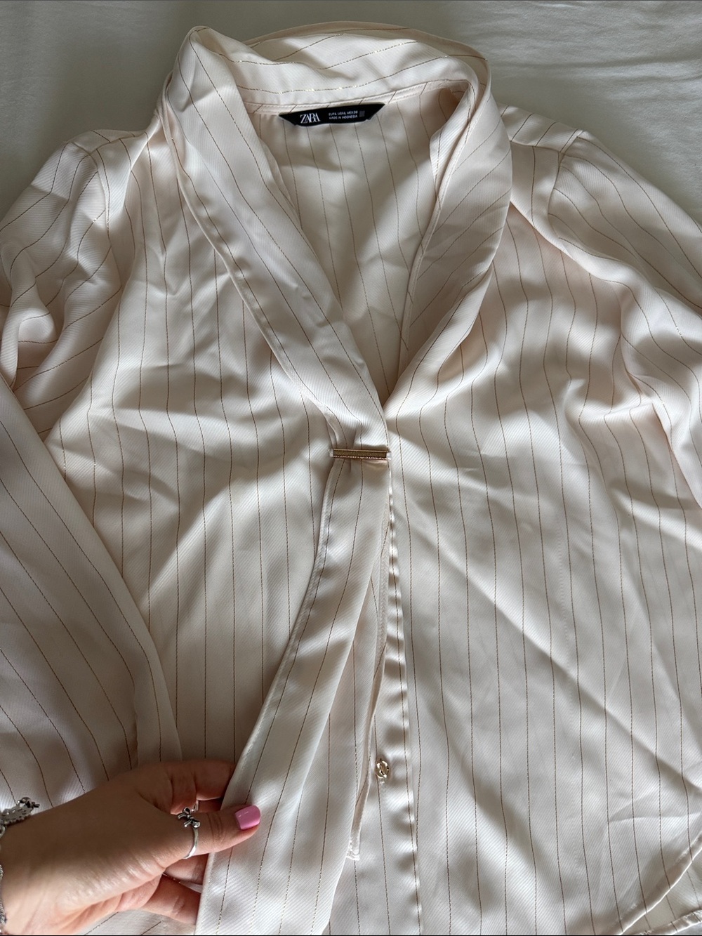 Zara Cream Satin Pinstripe Blouse - Picture 3 of 8